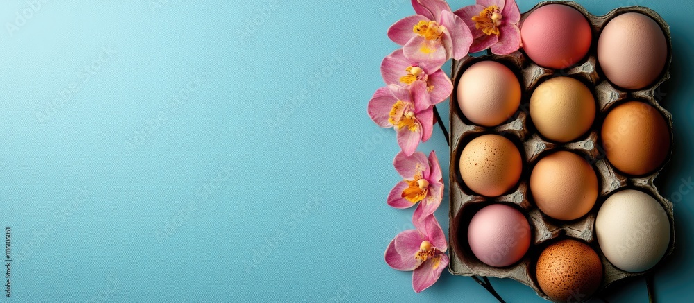 Poster colorful chicken eggs in a tray surrounded by pink flowers on a blue backdrop with ample space for t