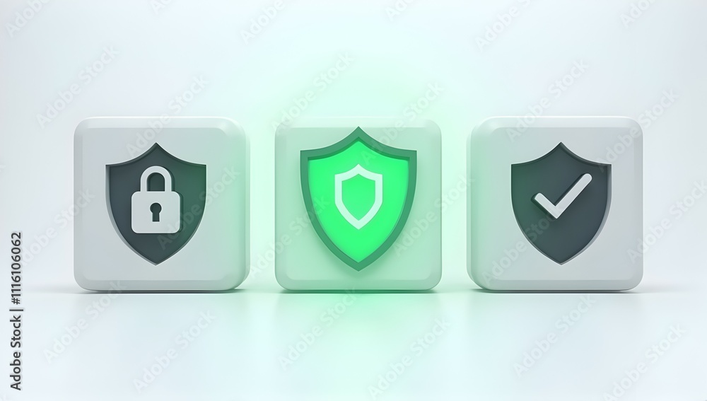 Poster cybersecurity: shield, lock, and checkmark symbolize robust data protection, ensuring digital safety
