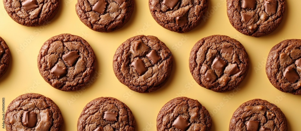 Poster delicious chocolate cookies arranged in a uniform pattern on a vibrant yellow background showcasing 