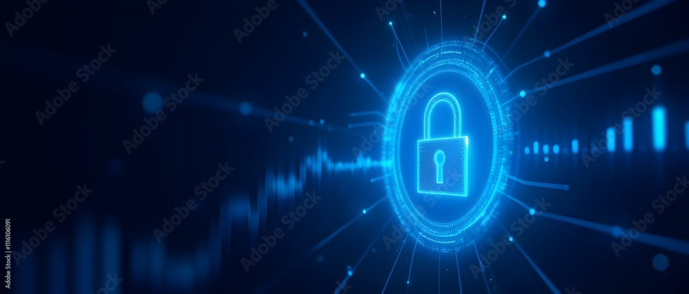 Poster digital fortress: a glowing blue padlock secures data within a futuristic, network-protected sphere.