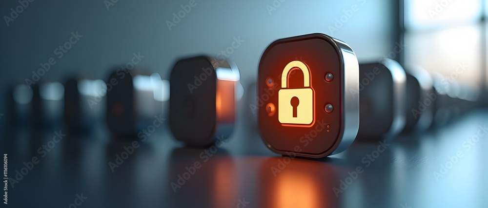 Poster illuminated cyber lock: a glowing padlock symbol on a metallic surface, representing digital securit