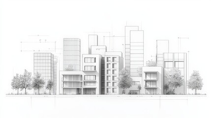 A cityscape with tall buildings and trees