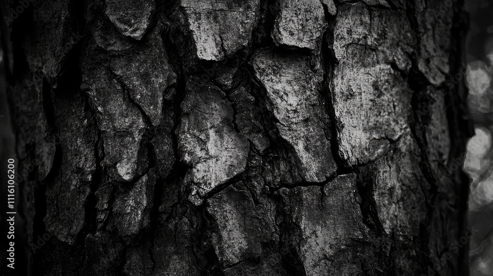 Poster detailed texture of agathis dammara tree bark showcasing natural patterns and contrasts in a monochr