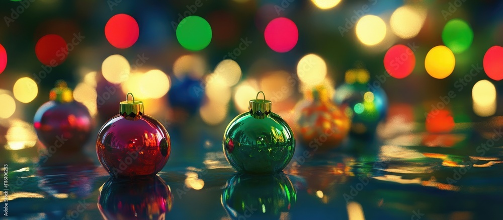 Poster colorful christmas ornaments on reflective surface with blurred festive lights creating a warm holid