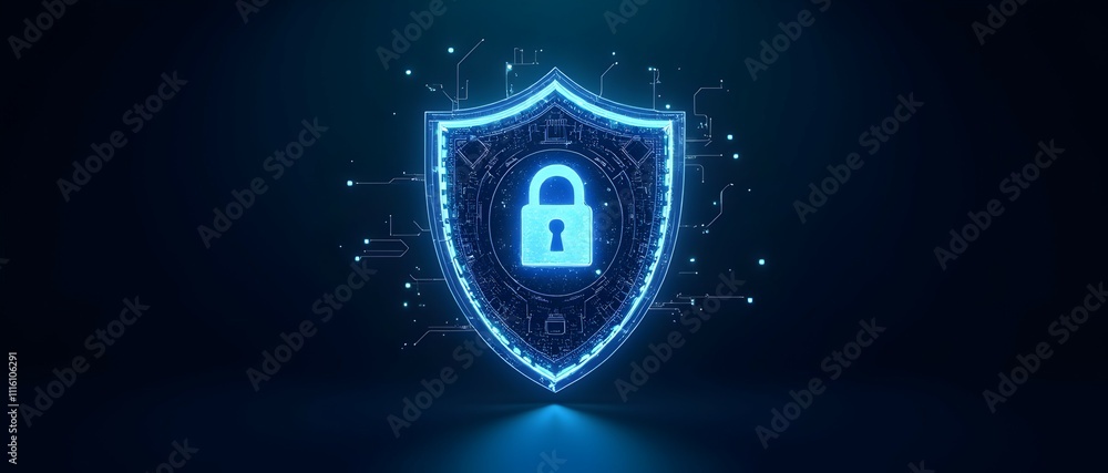 Aufkleber digital fortress: a glowing shield icon with a padlock at its core, symbolizing impenetrable online 
