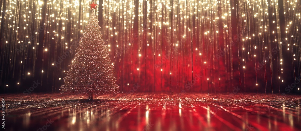 Poster red gradient backdrop with shimmering silver and gold rain, featuring a decorated tree and ample spa