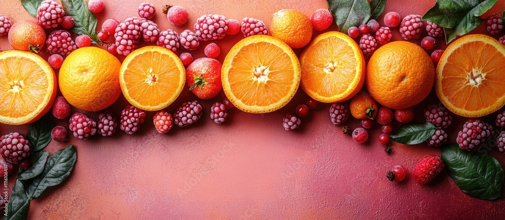 Poster autumn pastel backdrop featuring fresh oranges berries and spices in a flat lay top view arrangement