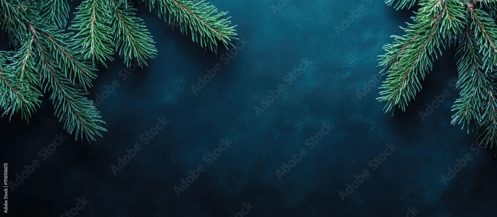 Poster christmas backdrop with blue spruce branches on dark textured background creating space for holiday 