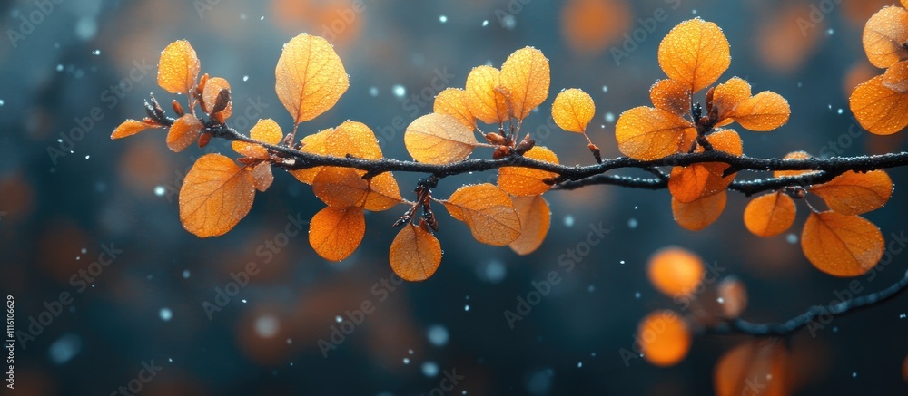Poster Autumn leaves on branches with soft bokeh background creating a serene nature atmosphere in twilight settings