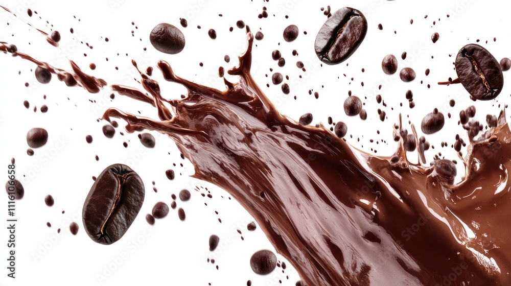 Aufkleber Dynamic coffee splash with roasted beans on white background capturing the essence of espresso and rich mocha beverage energy