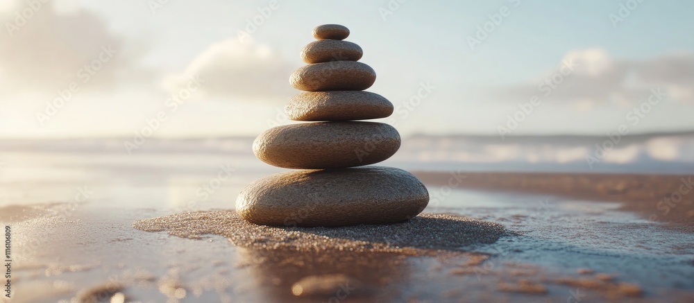 Poster balanced stones on a beach at sunrise with gentle waves and soft sand creating a serene coastal ambi