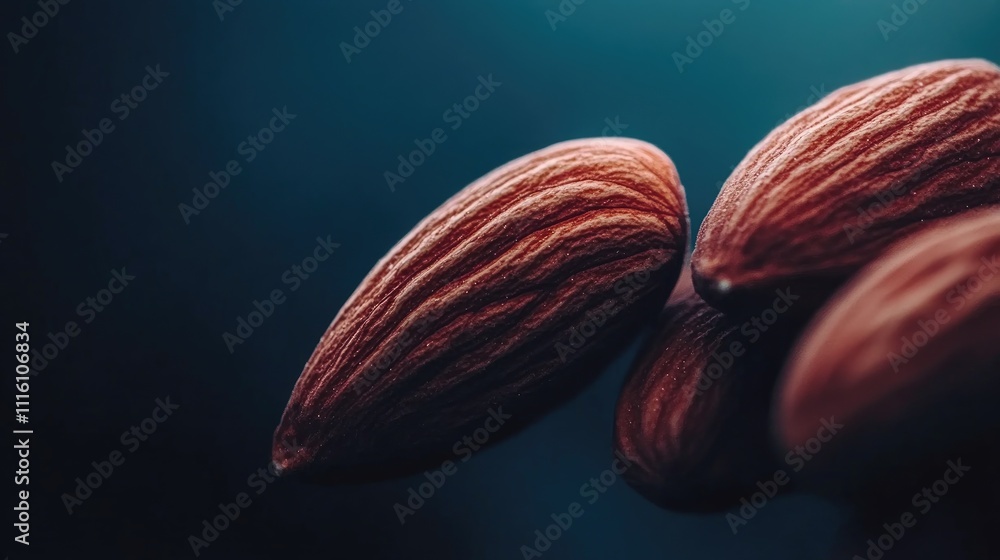 Poster close up view of raw almonds showcasing texture and natural colors on a dark background for food-rel
