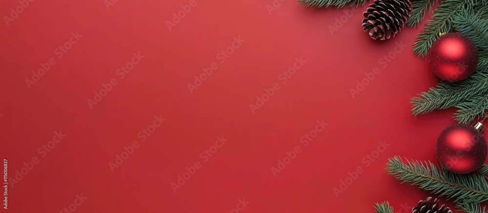 Poster christmas decorations with red ornaments and pinecones on a red background creating a festive and el