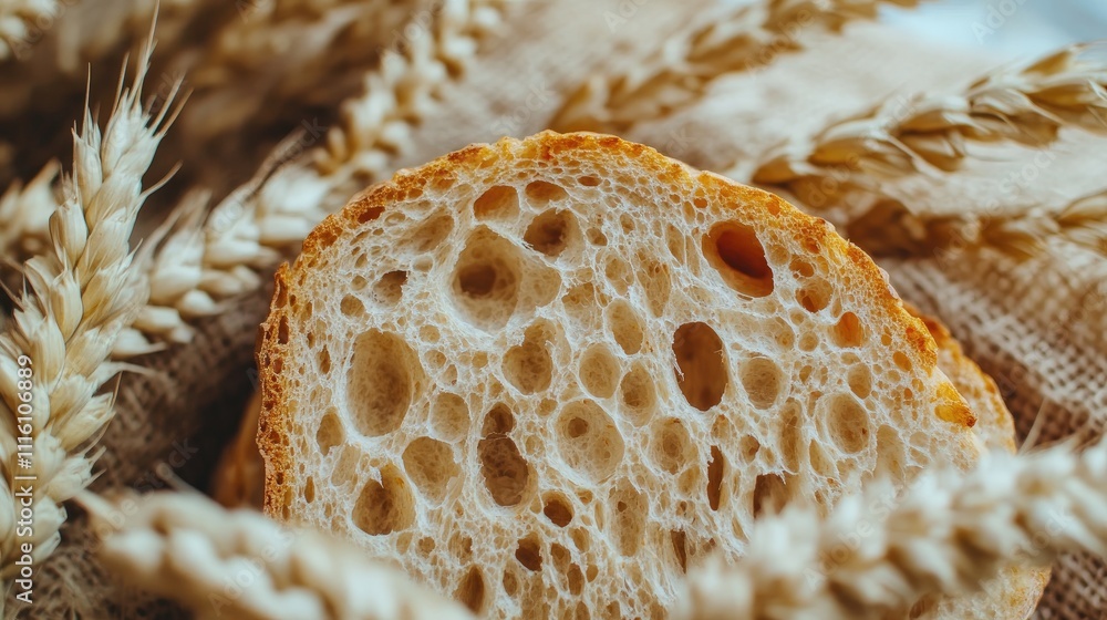 Poster ciabatta bread slice surrounded by wheat ears on burlap fabric showcasing texture and artisanal baki