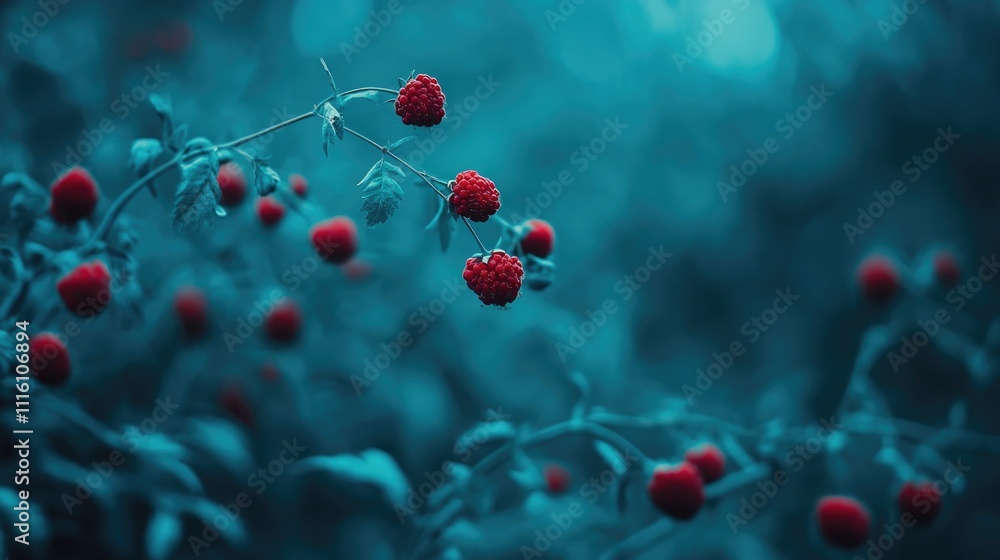 Poster vibrant wild raspberry branches with red berries against a soft blue background in an enchanting nat