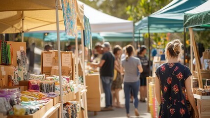 People browsing stalls at an outdoor farmers market on a sunny day, featuring handmade goods, fresh produce, and local crafts.