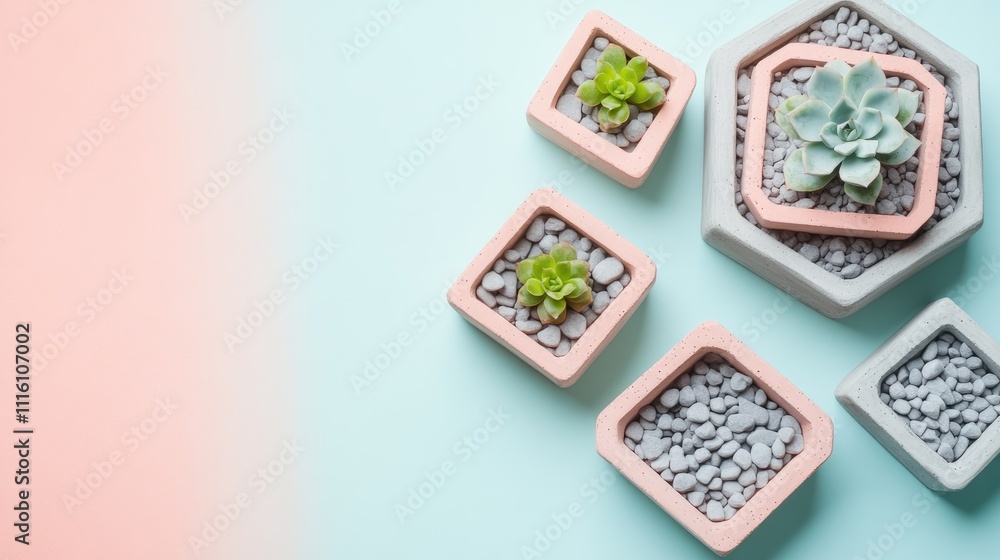 Poster modern geometric concrete planters with succulents on pastel colorful background top view empty pots