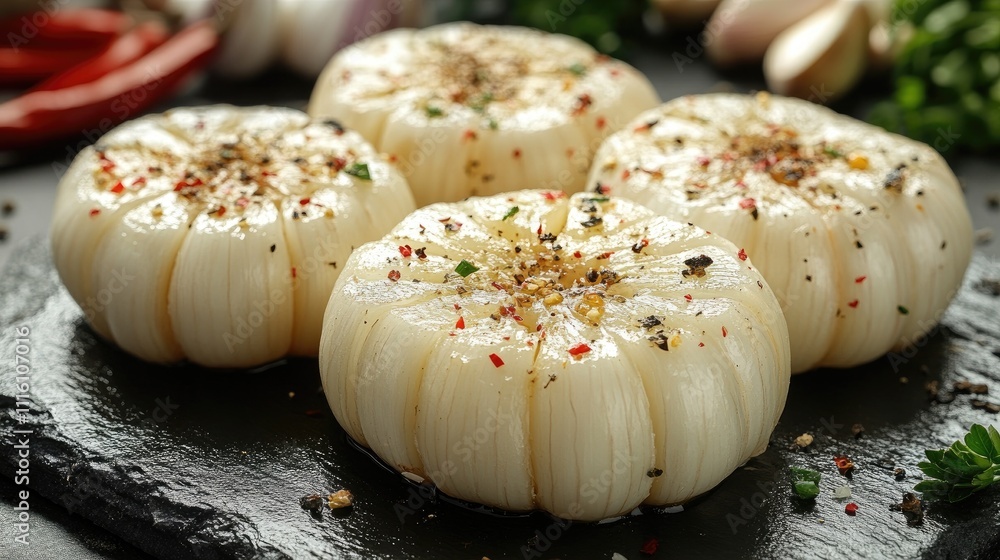 Poster close up of roasted garlic cloves garnished with spices on a dark stone plate with room for text and