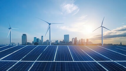 A modern city skyline with solar panels and wind turbines harnessing renewable energy under a bright sunlit sky.