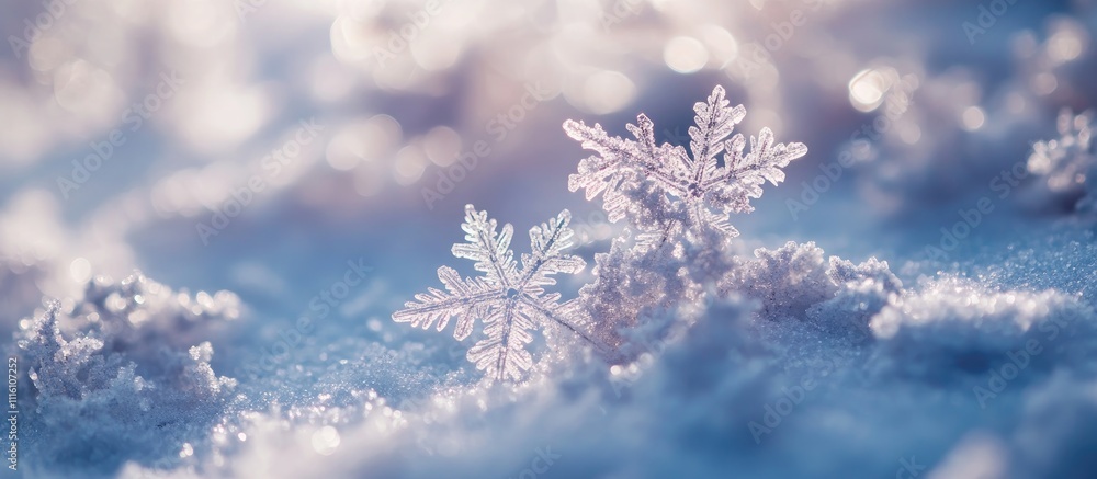 Poster realistic close-up of intricate snowflakes resting on a soft snow surface with a dreamy winter backg