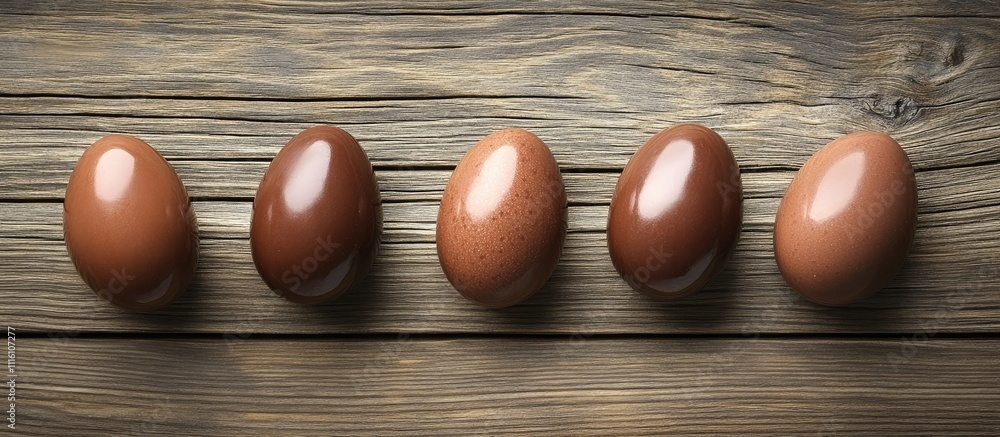 Aufkleber chocolate easter eggs arranged on rustic wooden background with ample copy space for seasonal promot
