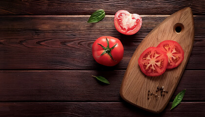 Red Tomato on a wooden cutting board with slices or small pieces beside it