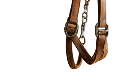 A leather harness with metal chain links, designed for securing animals or equipment.