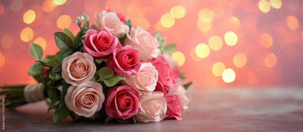 Poster artificial bouquet of pink and red roses with soft bokeh background perfect for wedding decor and ro