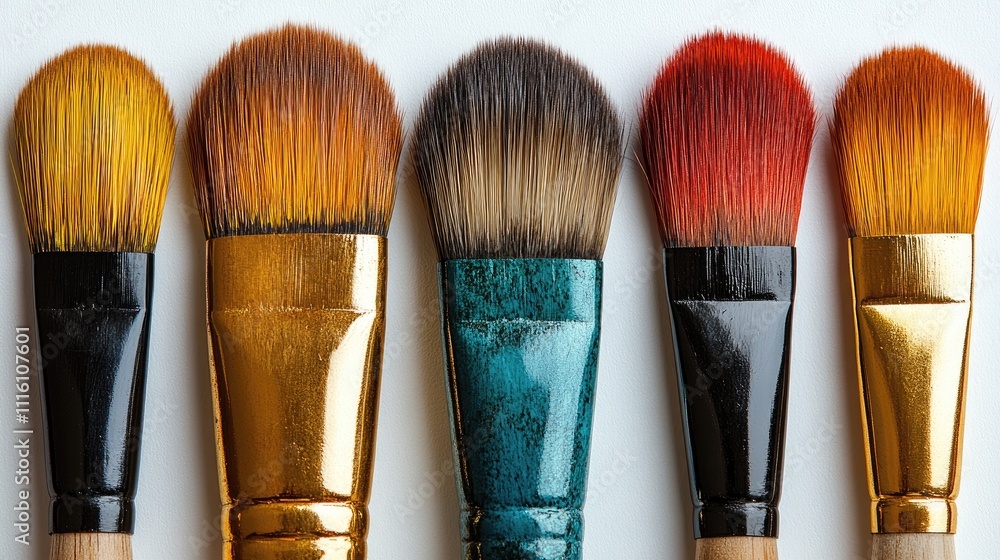 Poster artistic brush set showcasing various brush shapes and colors on a clean white background for creati