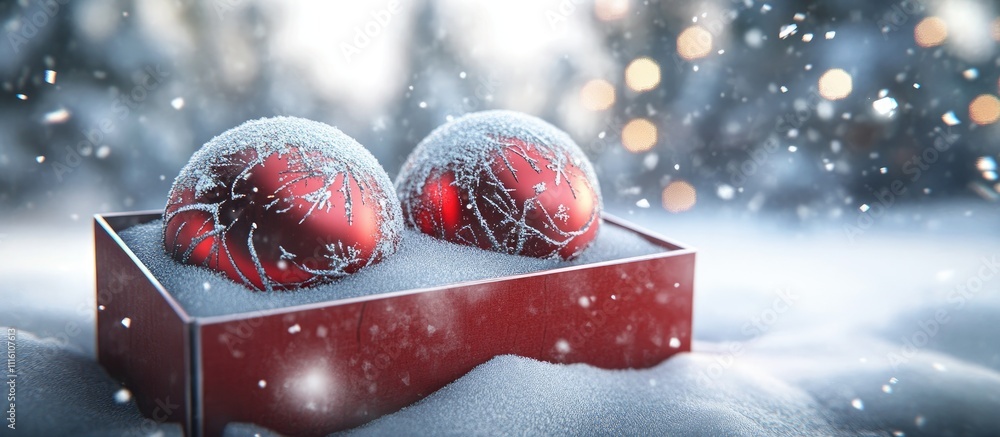 Poster festive christmas box with two red ornaments nestled in snow surrounded by a wintery blurred backgro