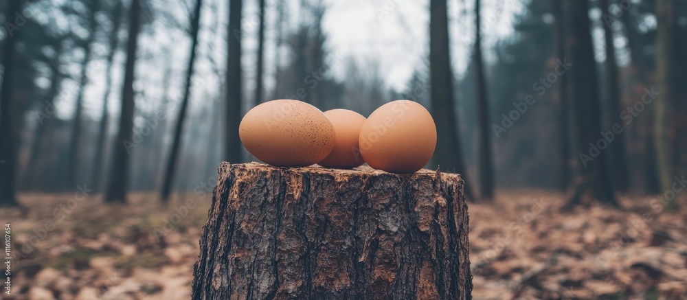 Poster brown bio easter eggs resting on a tree stump in a tranquil forest setting with a soft background bl