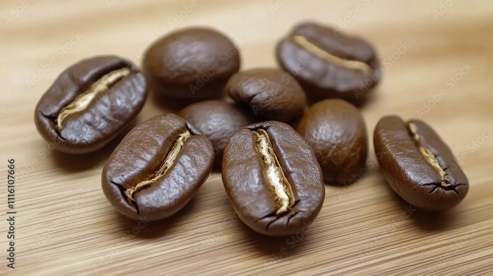 Poster coffee beans scattered on a rustic wooden surface showcasing rich textures and natural lighting for 