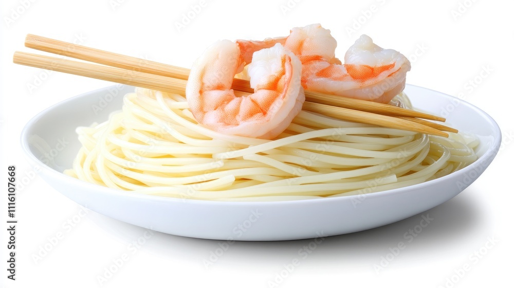 Poster shrimp spaghetti elegantly arranged on a white plate with chopsticks isolated on a clean background 
