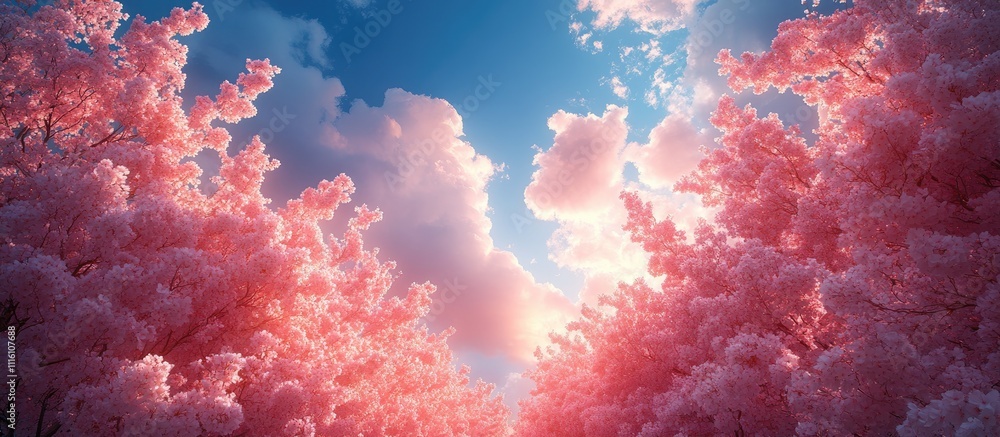 Poster cherry blossom trees bathed in soft pink light under a blue sky with fluffy clouds creating a serene