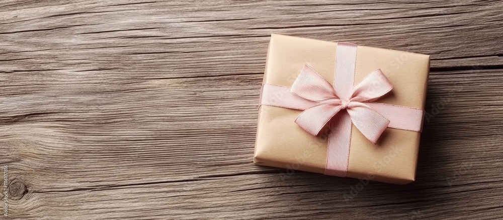 Poster aerial view of a beautifully wrapped christmas gift box with a pink ribbon on a rustic wooden table 