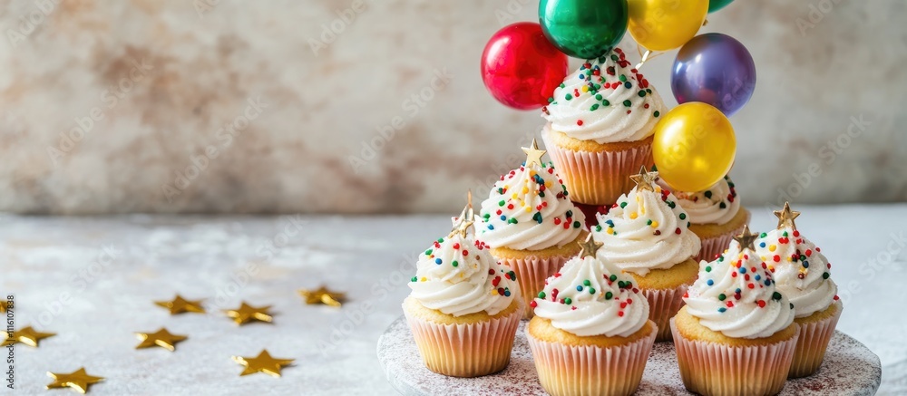 Poster festive christmas muffins decorated with colorful balloons and stars arranged in a tree shape on a r