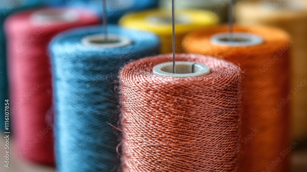 Poster colorful spools of thread with a needle focused in the foreground against a bright background ideal 