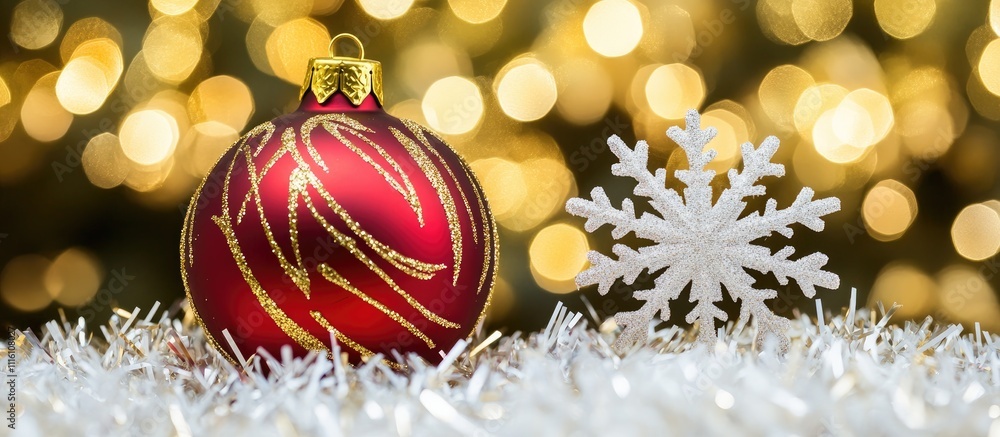 Poster Red Christmas ball with snowflake design set against white tinsel and warm bokeh lights creating a festive winter holiday atmosphere