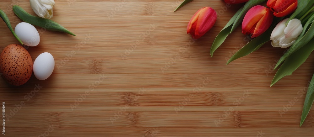 Poster easter eggs and vibrant tulips arranged on a wooden surface creating a serene spring ambiance with a