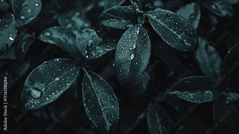 Poster Close up of fresh raindrops on dark green leaves with a soft blurred background creating a serene garden atmosphere.