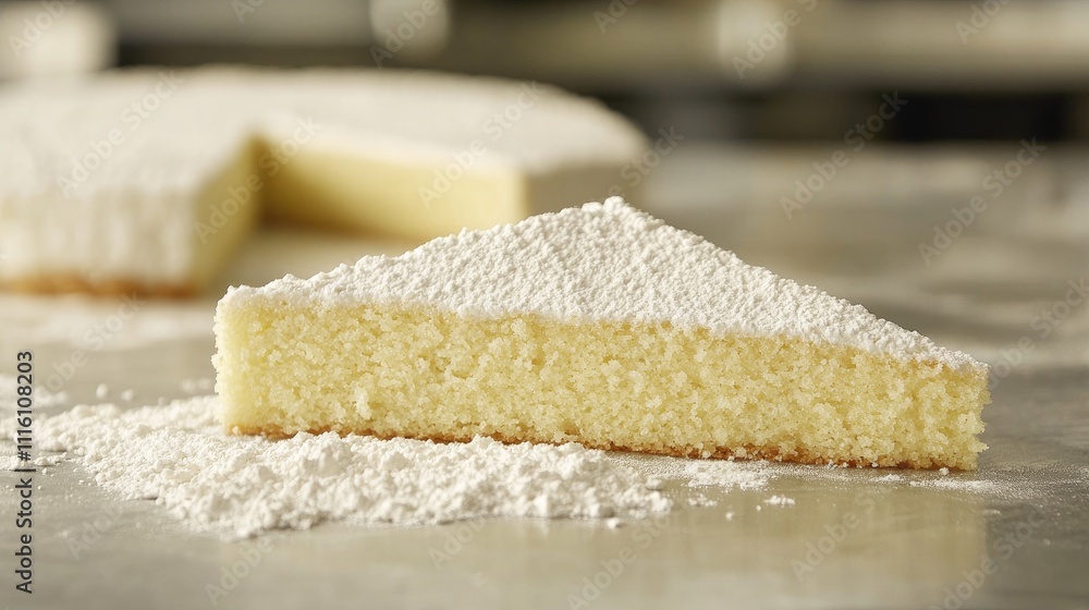 Poster classic freshly baked cake on a rustic surface with powdered sugar, showcasing a slice in the foregr