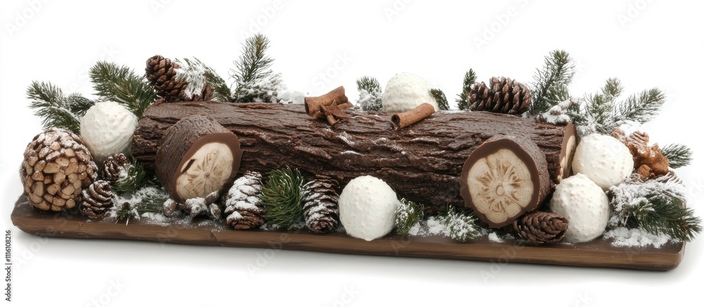 Poster chocolate yule log dessert with festive decorations surrounded by pinecones and snow-inspired elemen