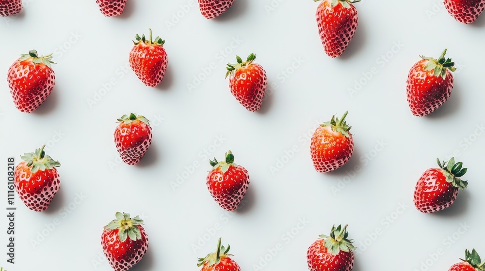 Poster fresh strawberries arranged in a uniform pattern on a clean white background highlighting their vibr