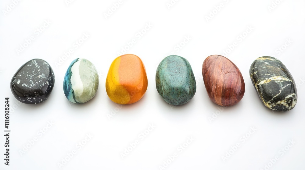 Poster close-up view of assorted ocean stones arranged in a row isolated on a clean white background showca