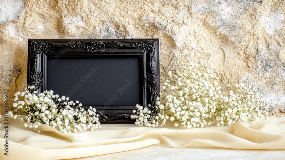 Poster elegant black frame mockup adorned with delicate gypsophila flowers on a soft beige table setting ag