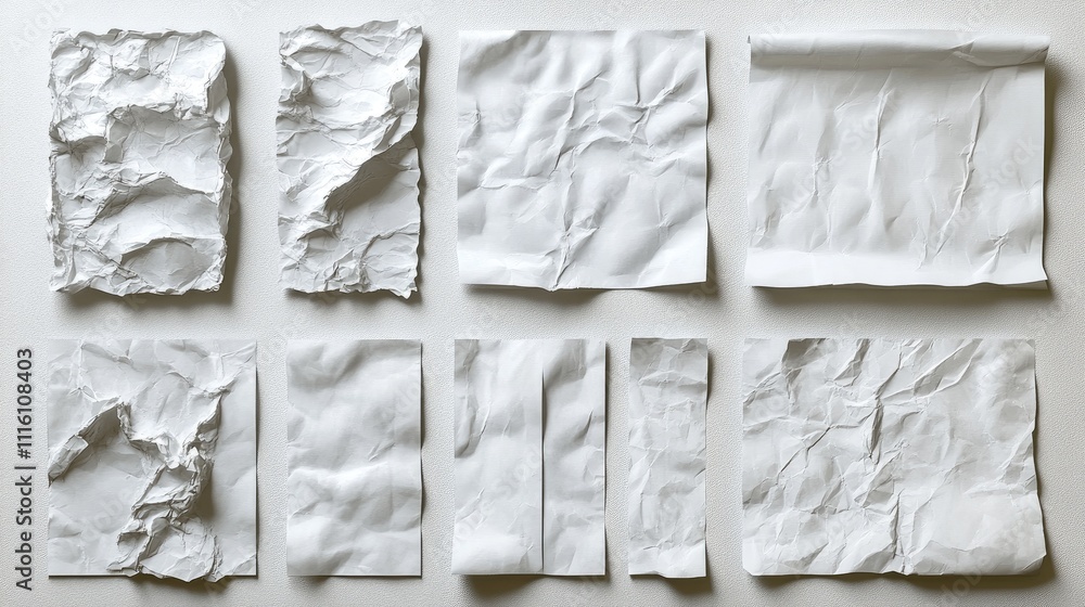 Aufkleber assorted crumpled and unfolded white paper textures for creative design and recycling concepts on a 