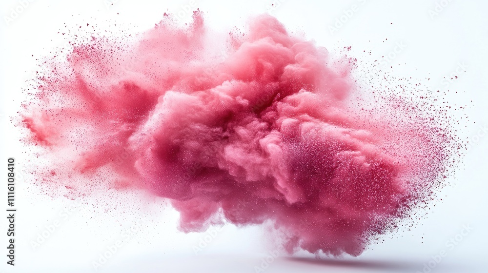 Poster bursting pink powder cloud on white background creating an abstract design of motion and color for a