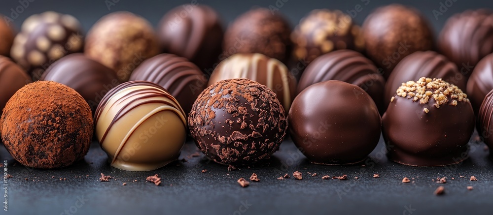 Poster assorted gourmet chocolate truffles arranged beautifully on a dark background showcasing various tex