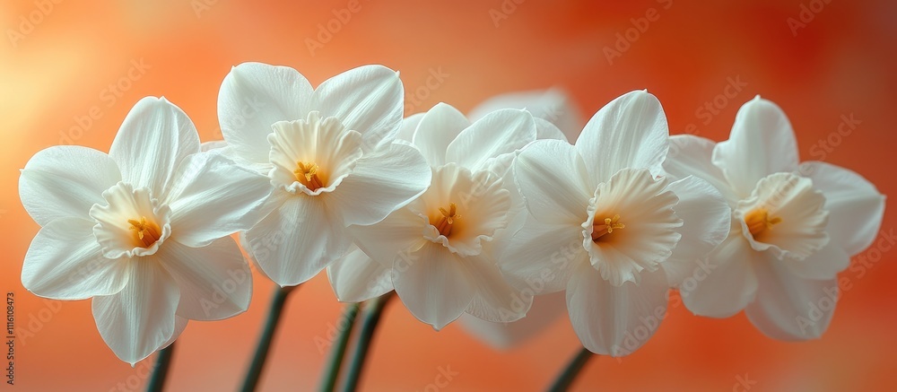 Poster elegant white narcissus flowers arranged gracefully on a soft pastel orange background creating a se