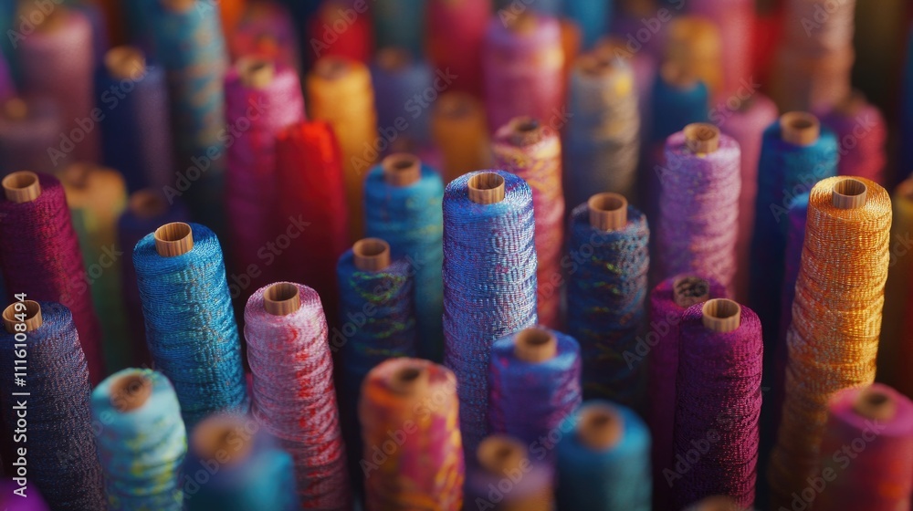 Poster multicolored textile thread spools close up showcasing vibrant colors for textile production and cra
